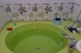 A round shaped bath tub with a counter made from green fiberglass